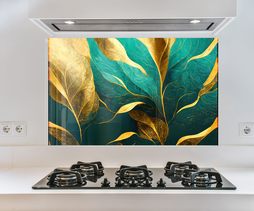 a picture of a green and gold painting on a wall above a stove