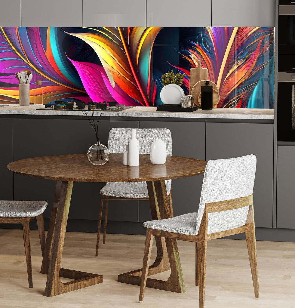 a kitchen with a wooden table and white chairs