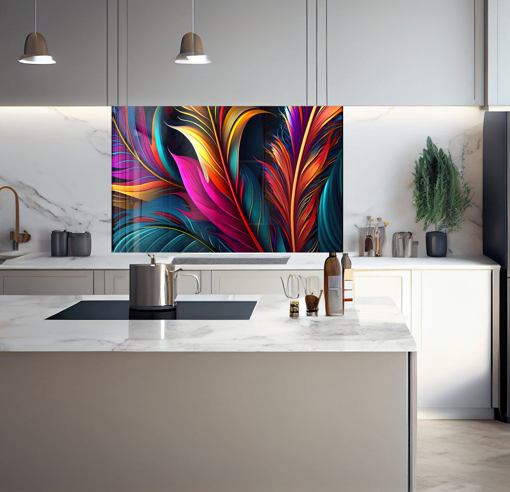 a kitchen with a marble counter top and a painting on the wall