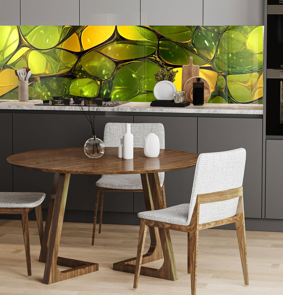 a kitchen with a wooden table and white chairs