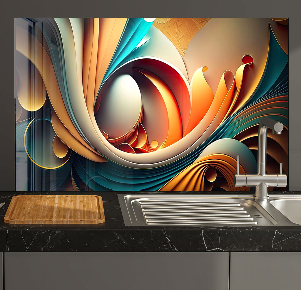 a kitchen with a sink and a painting on the wall