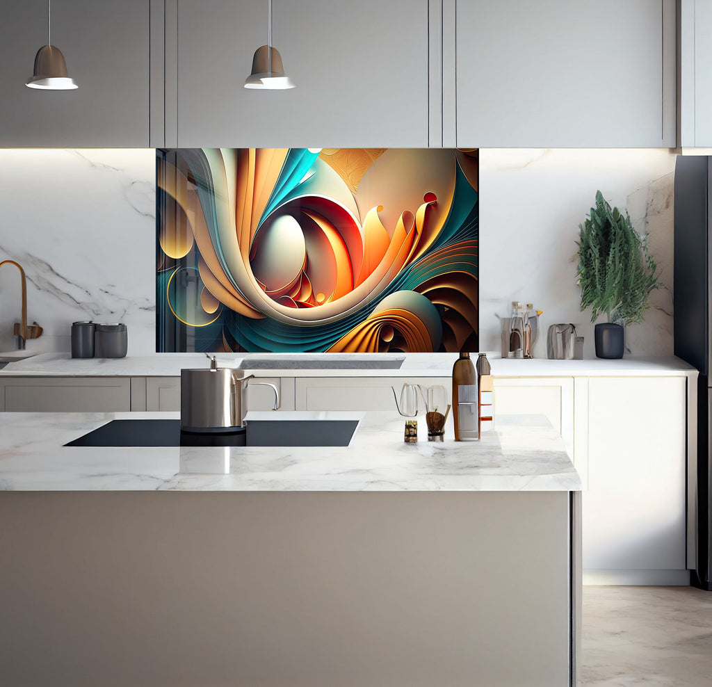 a kitchen with a large painting on the wall