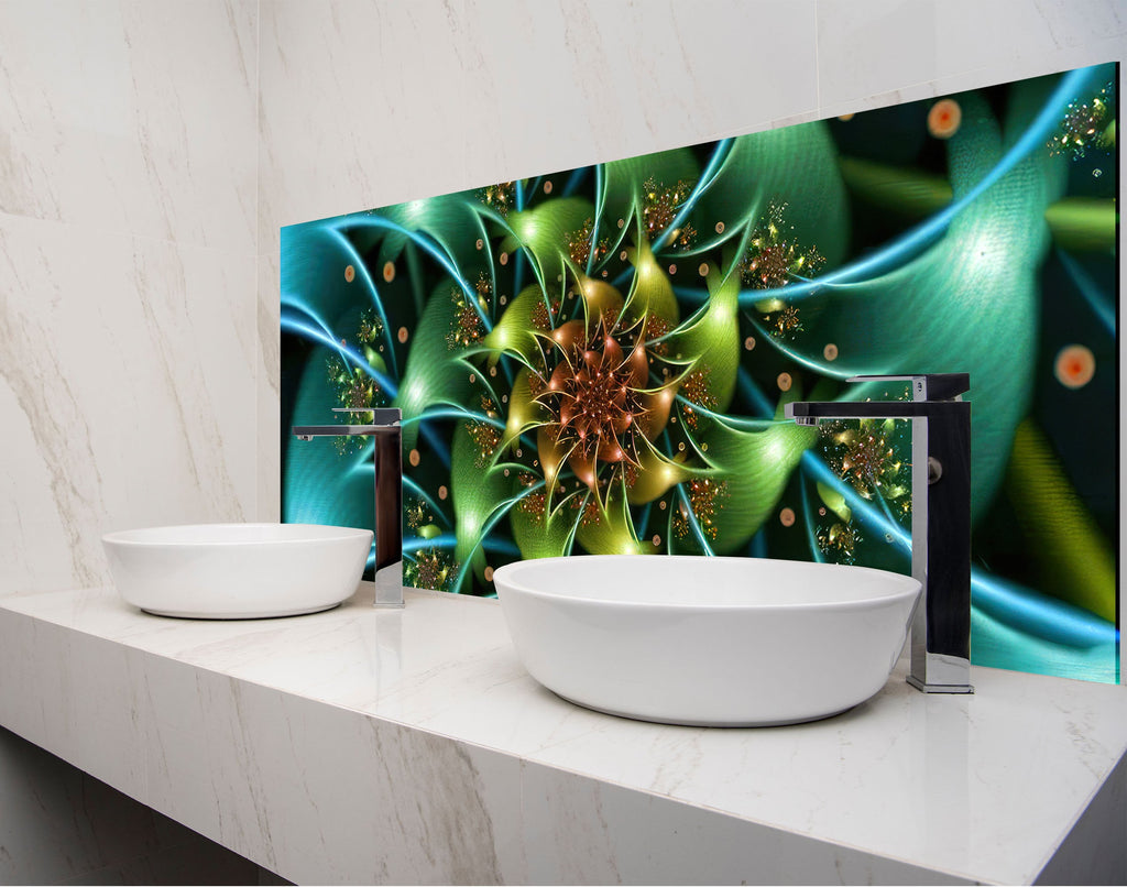 two bowls on a counter in front of a picture of a flower