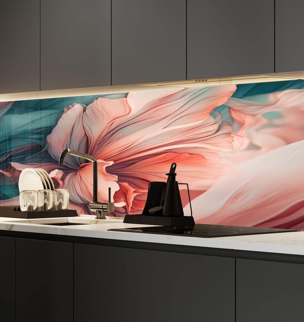 a kitchen counter with a painting on the back of it