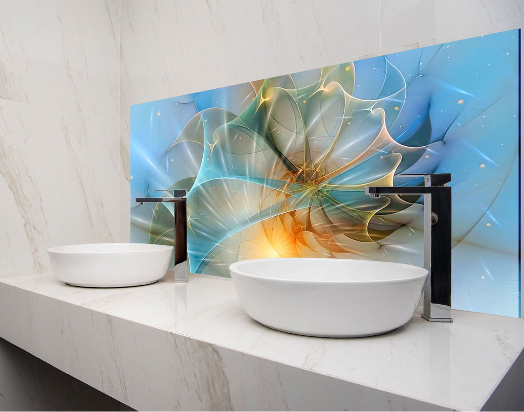 two white bowls on a counter with a picture behind them