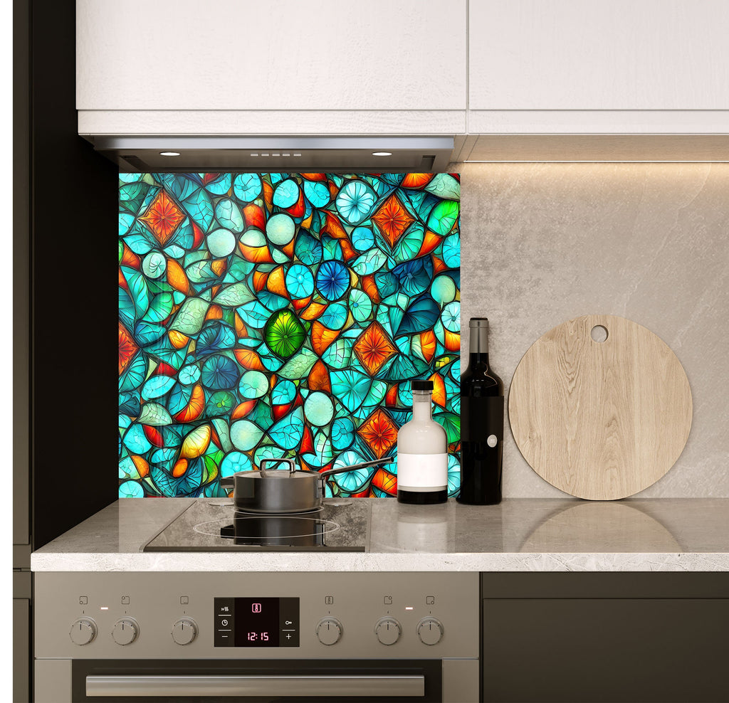 a stove top oven sitting under a stained glass window