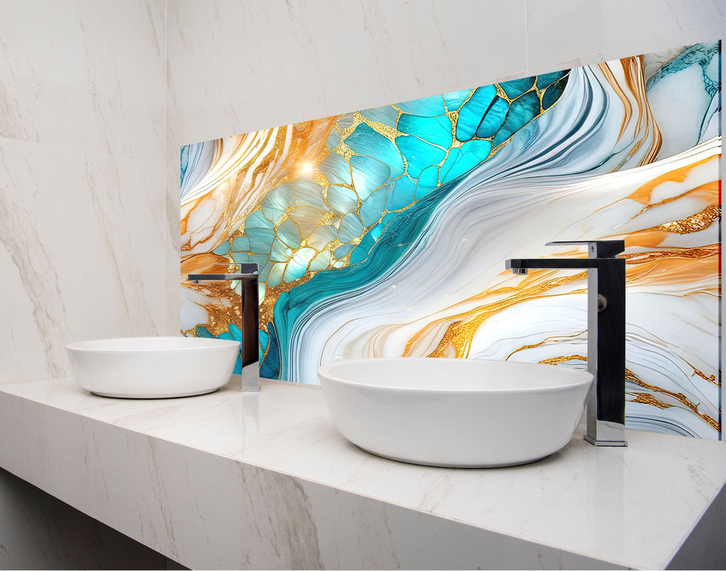 a bathroom with two sinks and a large painting on the wall