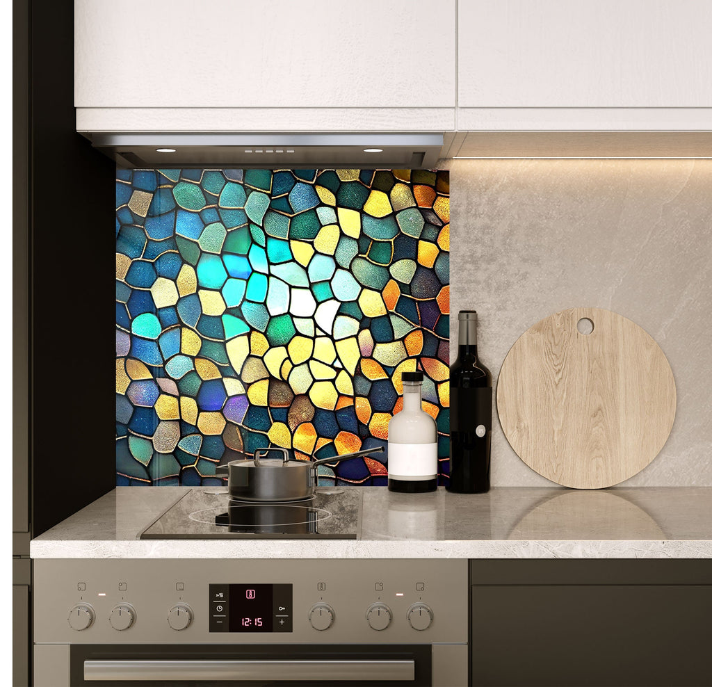 a glass mosaic backsplash in a kitchen