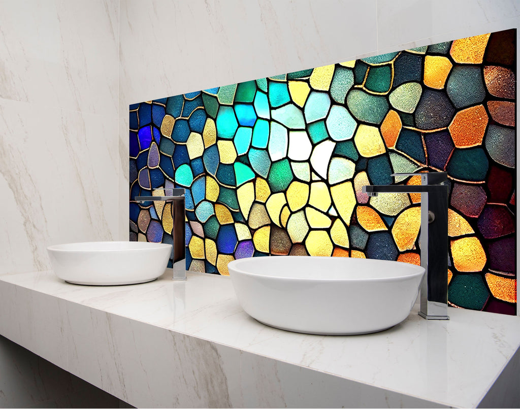 a bathroom with two sinks and a mosaic wall