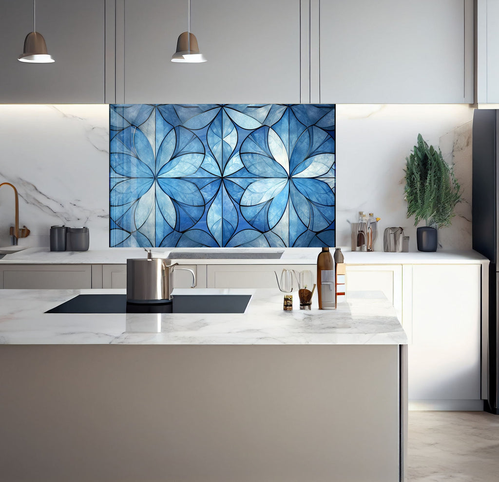 a kitchen with a marble counter top and a painting on the wall