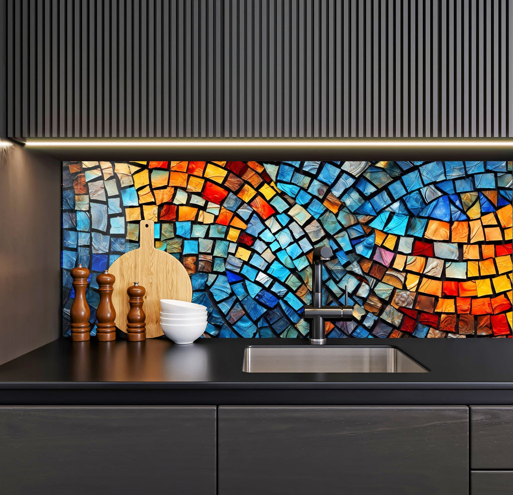 a kitchen counter with a sink and a mosaic wall behind it