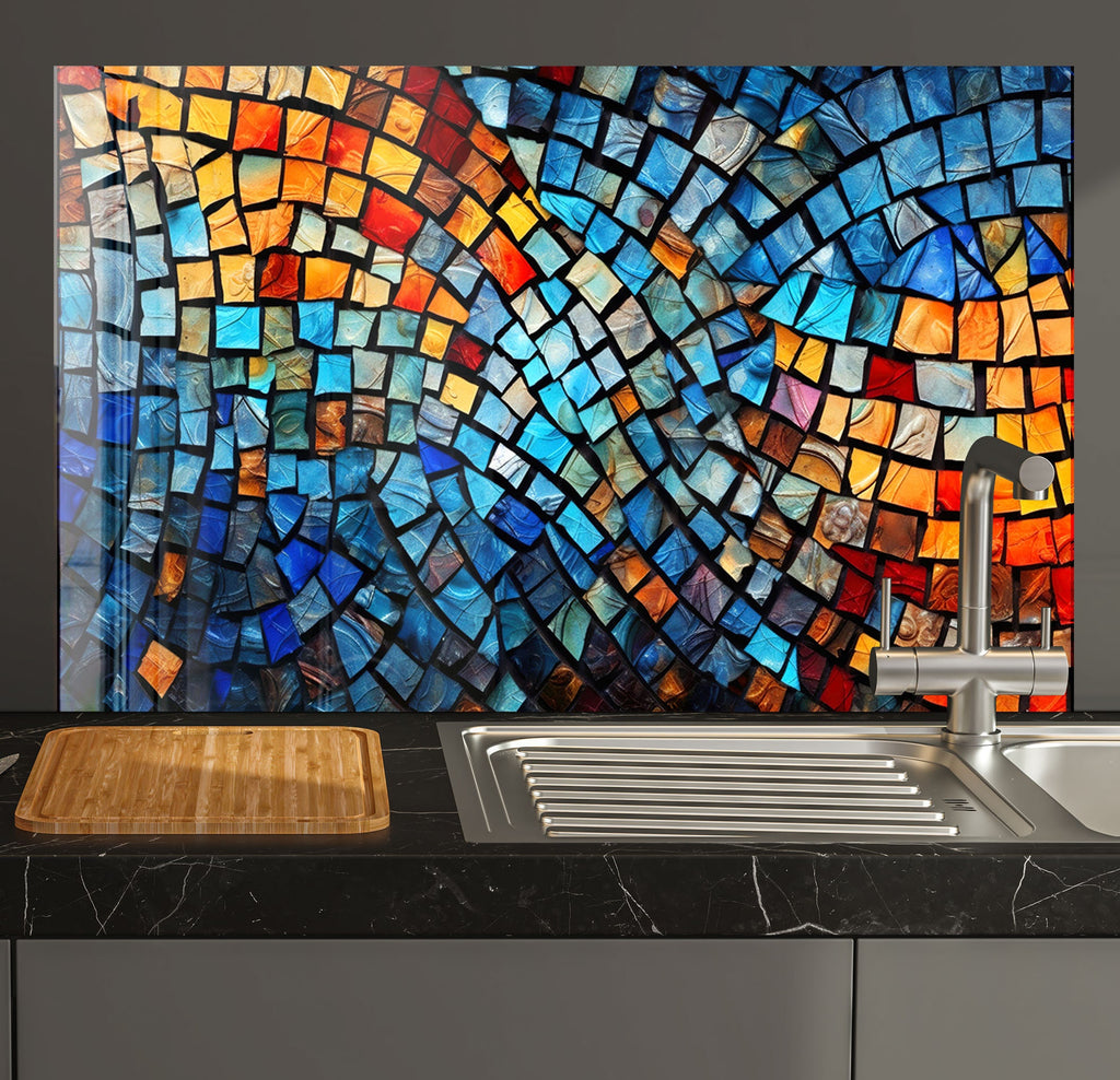 a kitchen counter with a sink and a painting on the wall