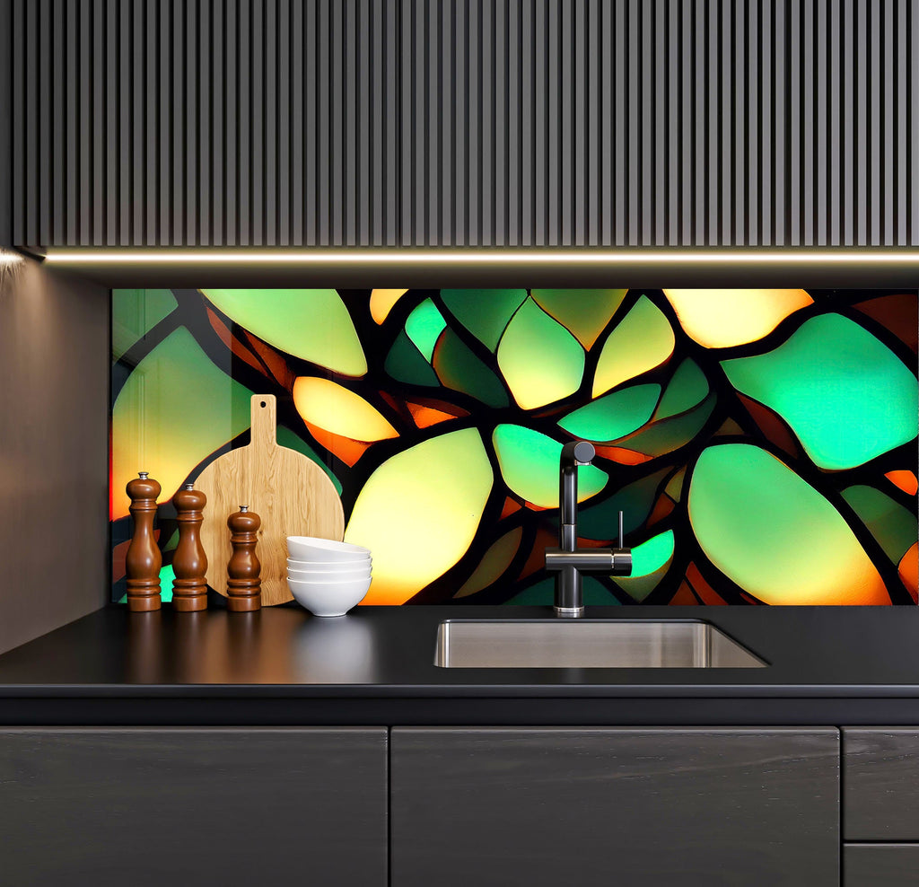 a kitchen counter with a sink and a painting on the wall behind it