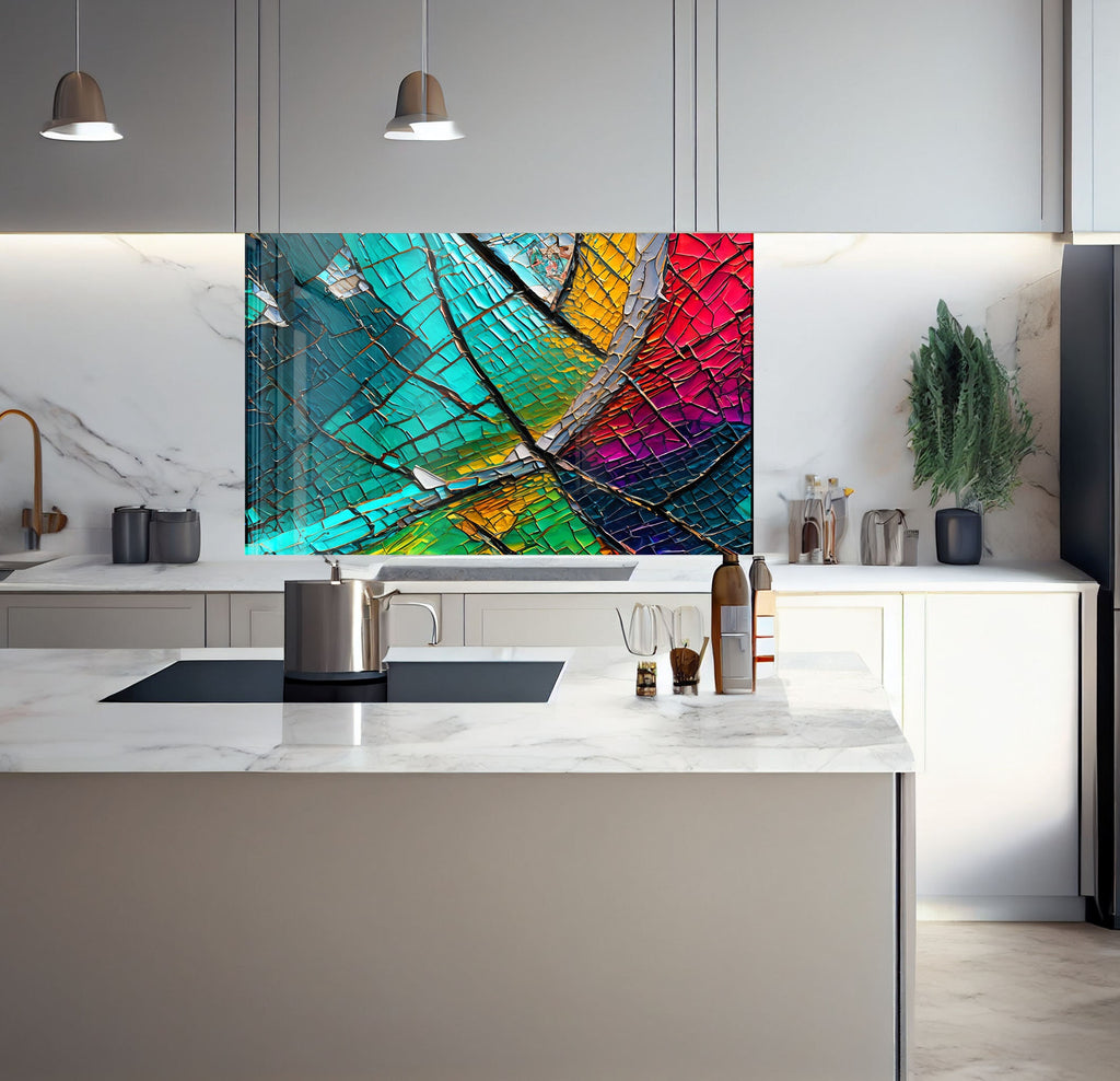 a kitchen with a marble counter top and a painting on the wall