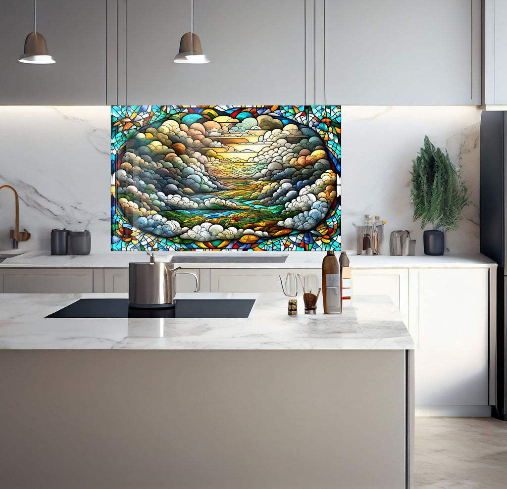 a kitchen with a large painting on the wall