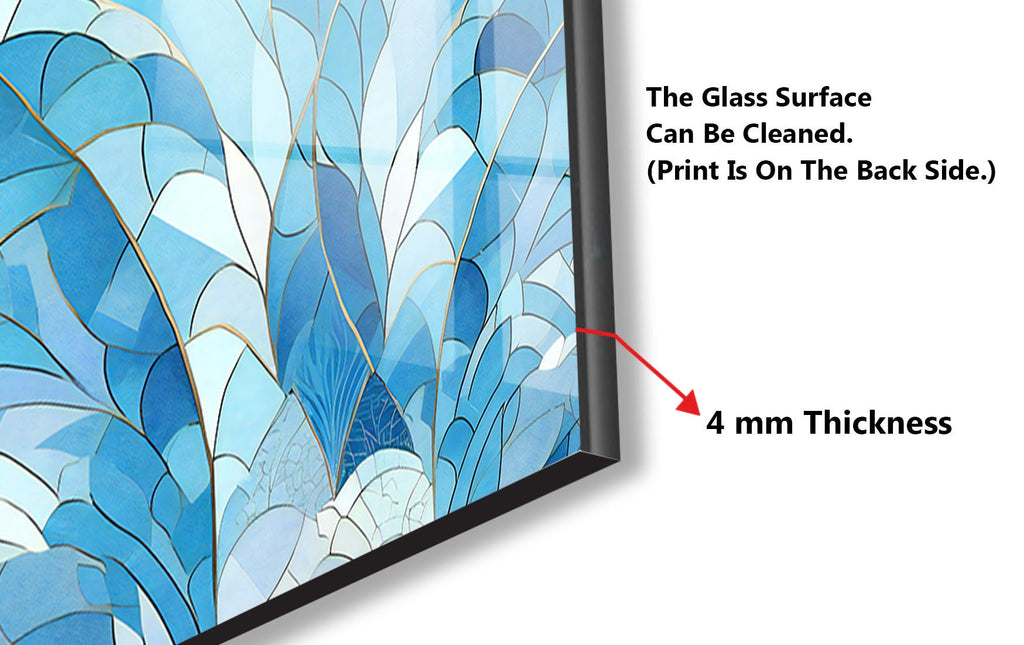 a picture of a blue painting with the words glass surface can be cleaned, print