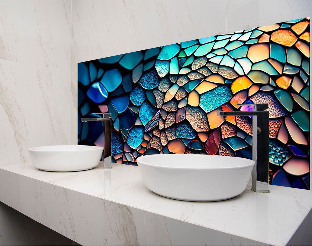 two white bowls on a counter in front of a mosaic wall