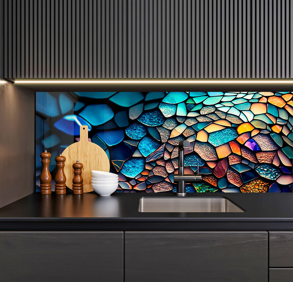 a kitchen counter with a sink and a painting on the wall