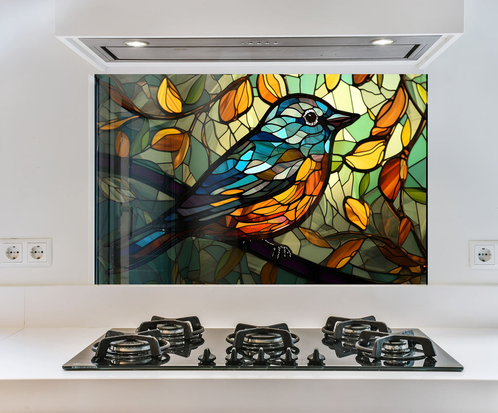 a picture of a bird on a stained glass window