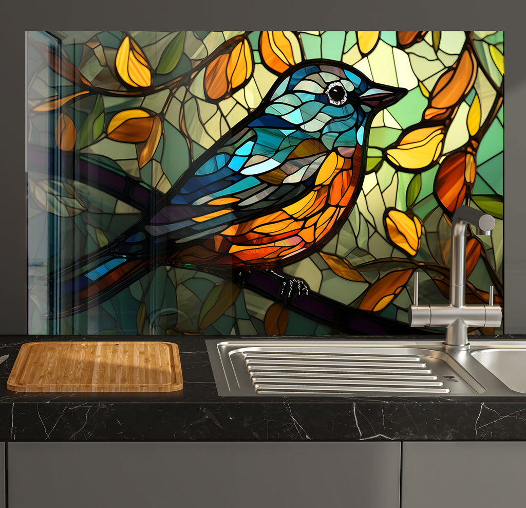 a bird is sitting on a branch in front of a stained glass window