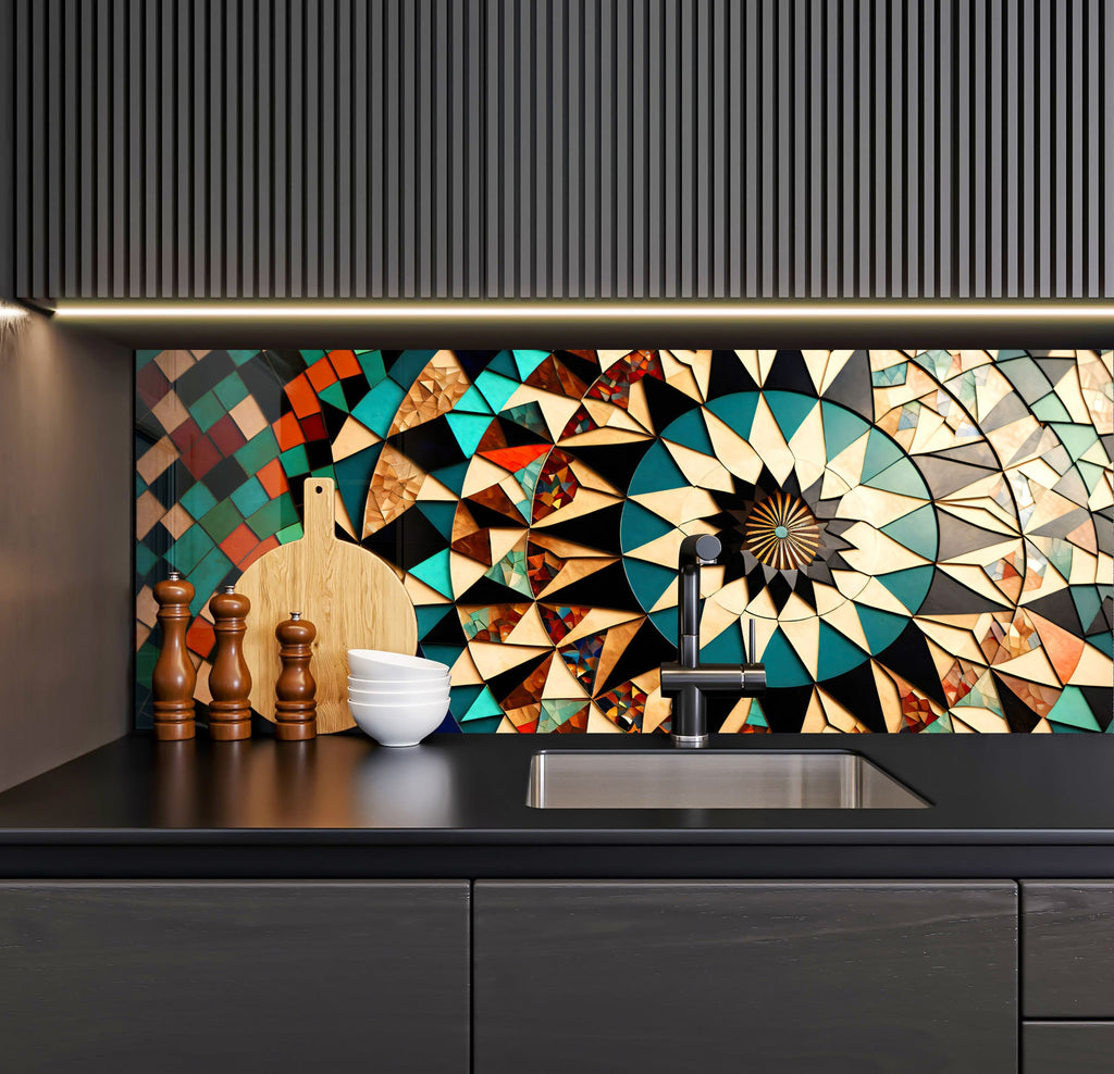 a kitchen with a sink and a mosaic tile backsplash