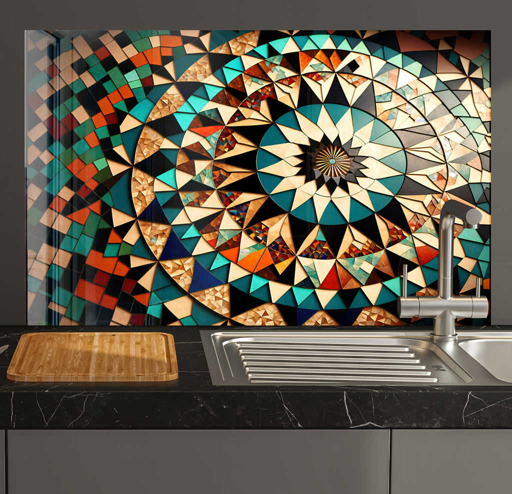 a kitchen counter with a sink and a painting on the wall