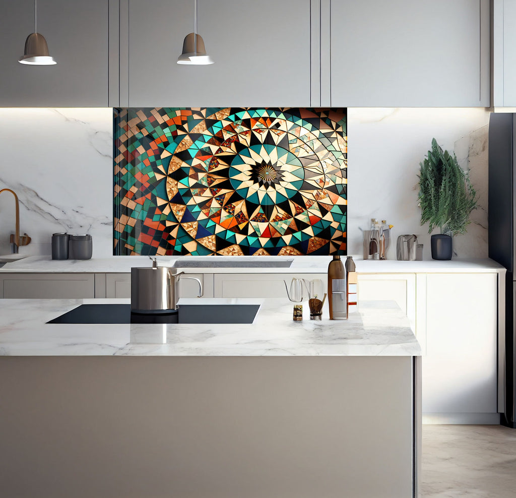 a kitchen with a marble counter top and a painting on the wall