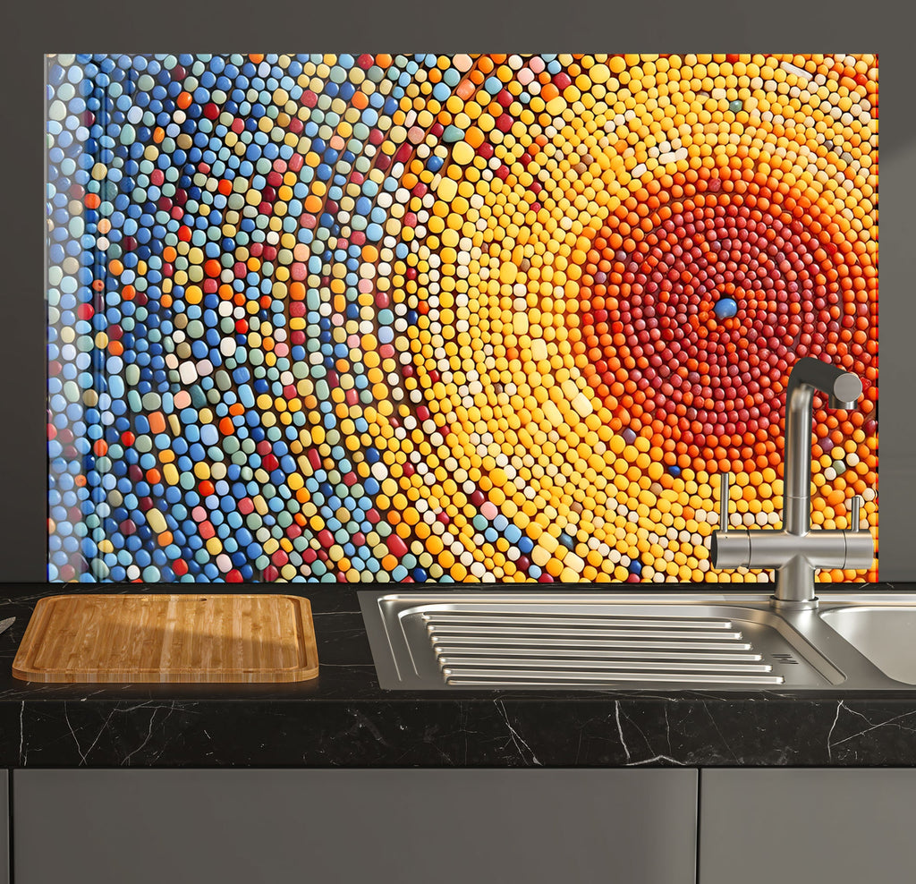 a kitchen with a sink and a painting on the wall