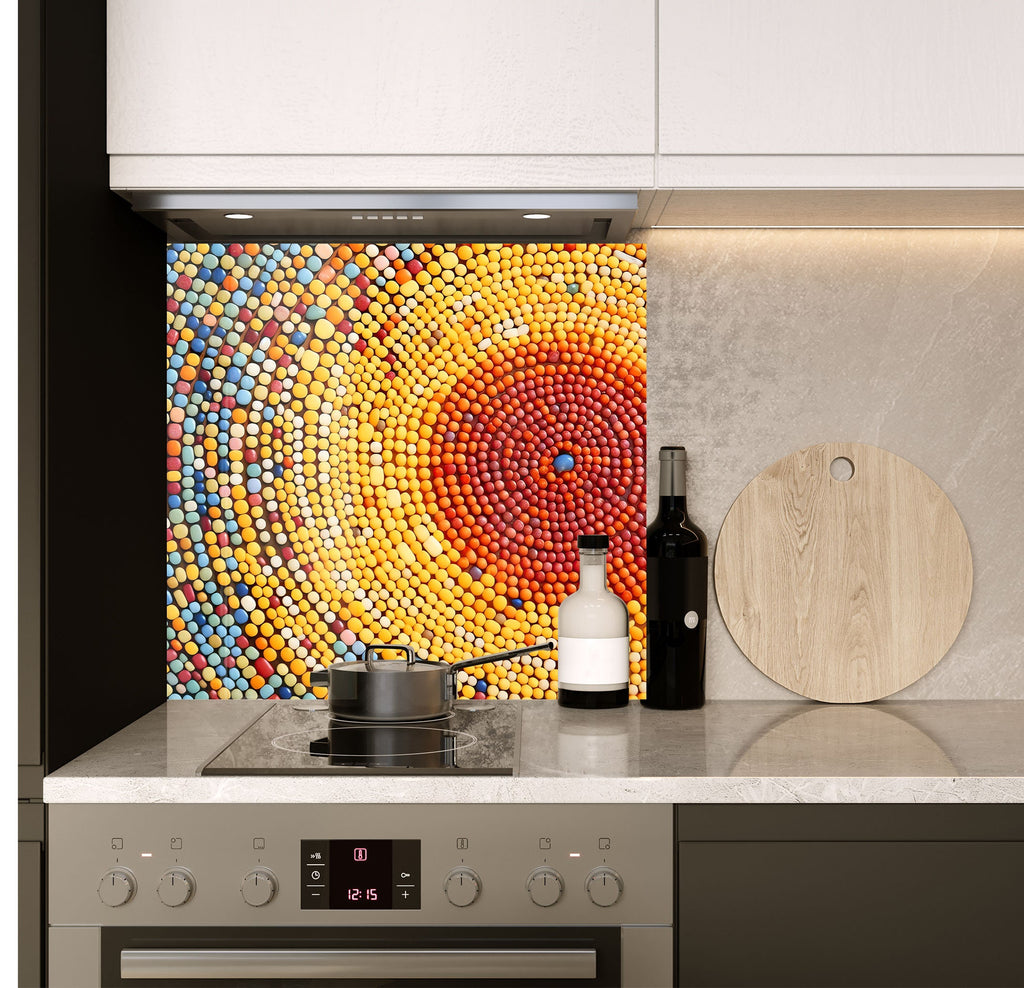 a stove top oven sitting under a painting on a wall