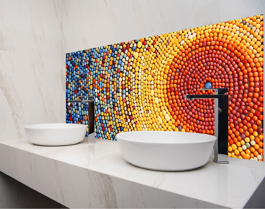 a bathroom with two sinks and a large painting on the wall