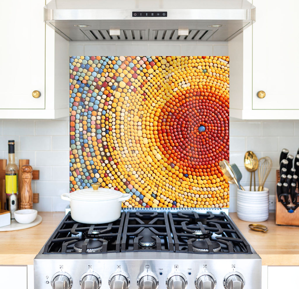 a stove top oven sitting under a painting on a wall