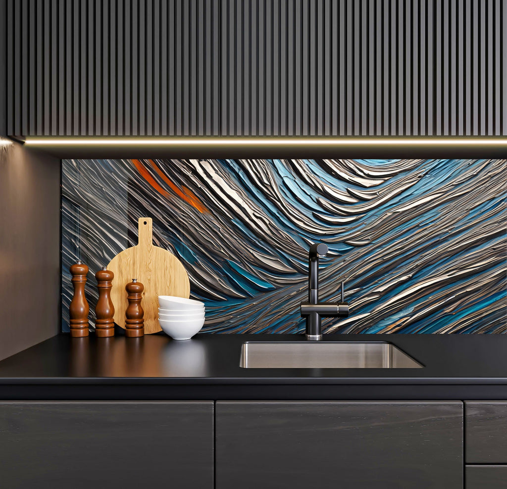 a kitchen counter with a sink and a cutting board