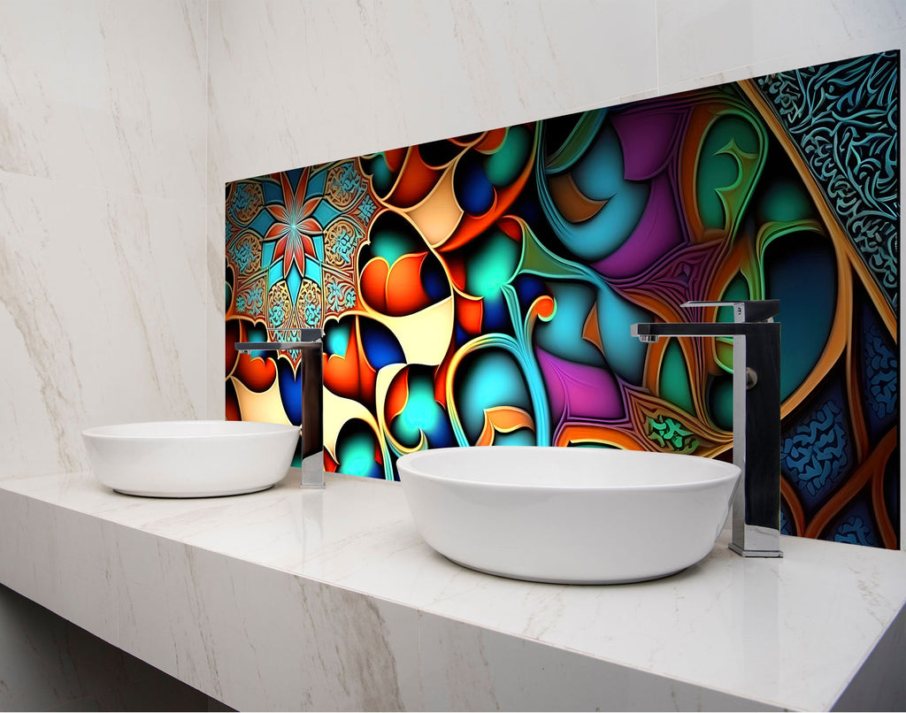 two white bowls on a counter in front of a colorful wall