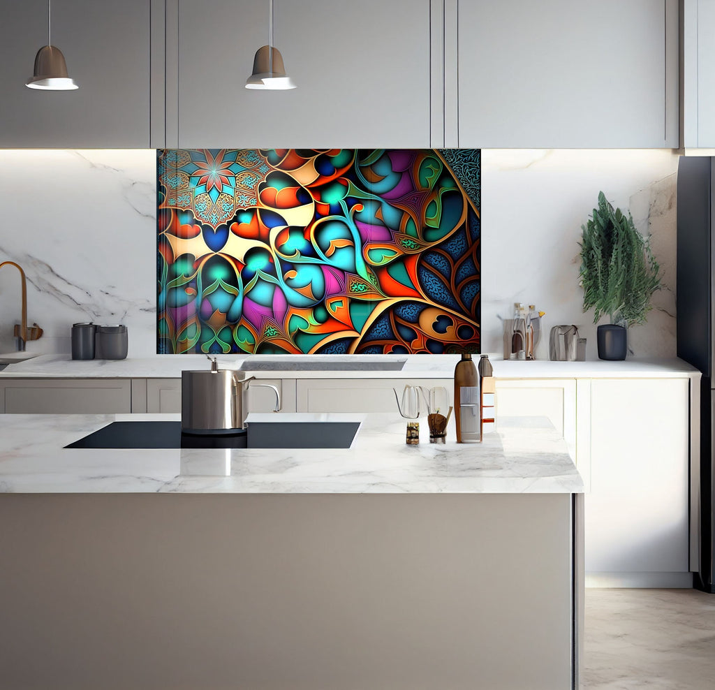 a kitchen with a marble counter top and a painting on the wall