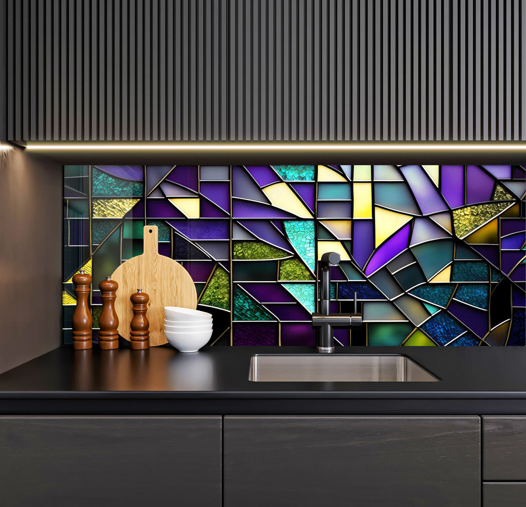 a kitchen counter with a sink and a mosaic tile backsplash