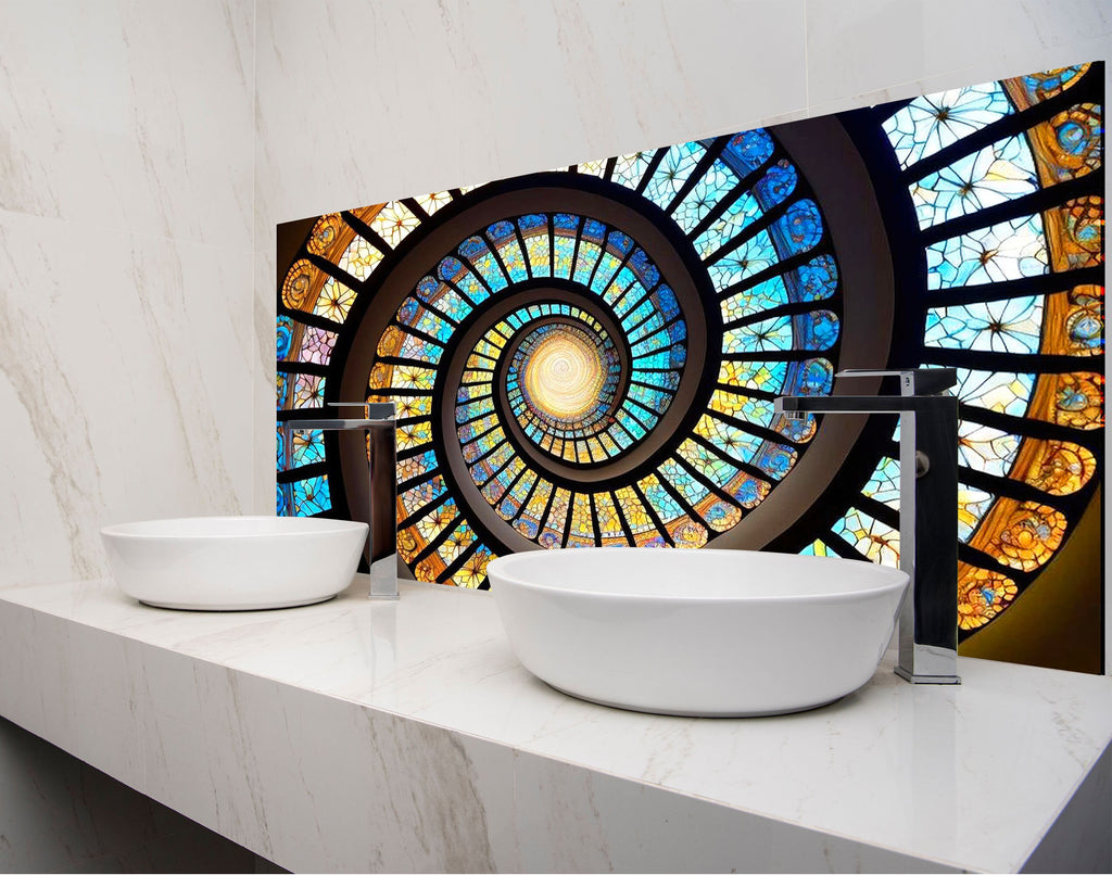 a bathroom with two sinks and a large stained glass window