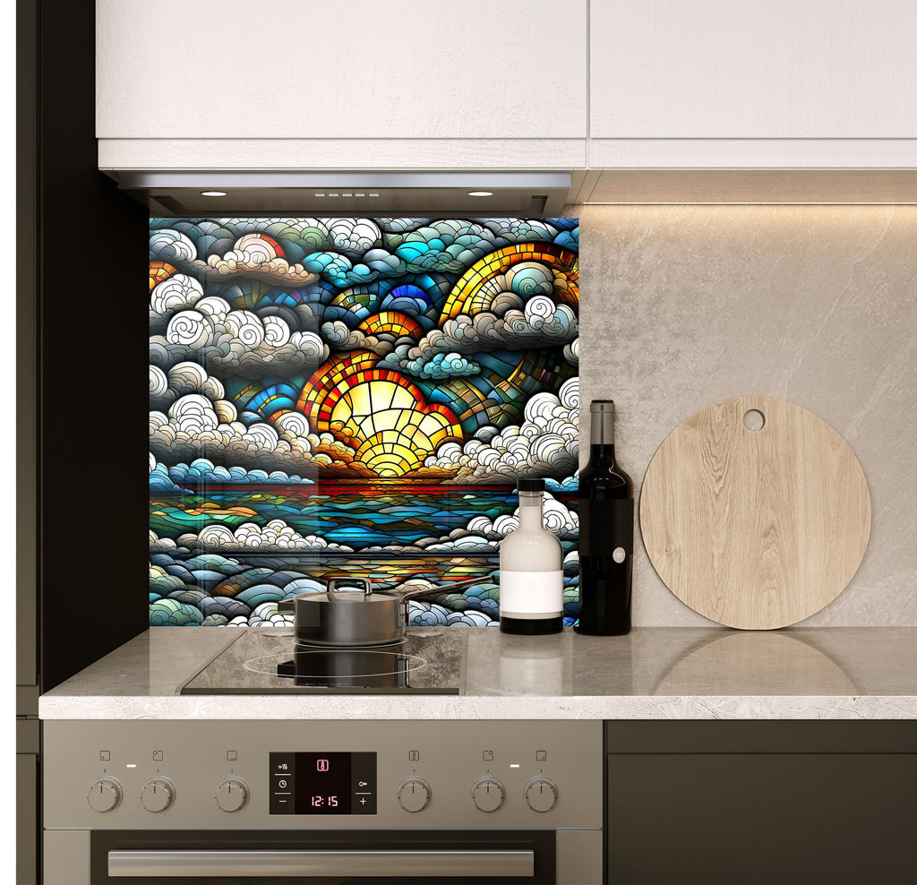 a stove top oven sitting under a stained glass window