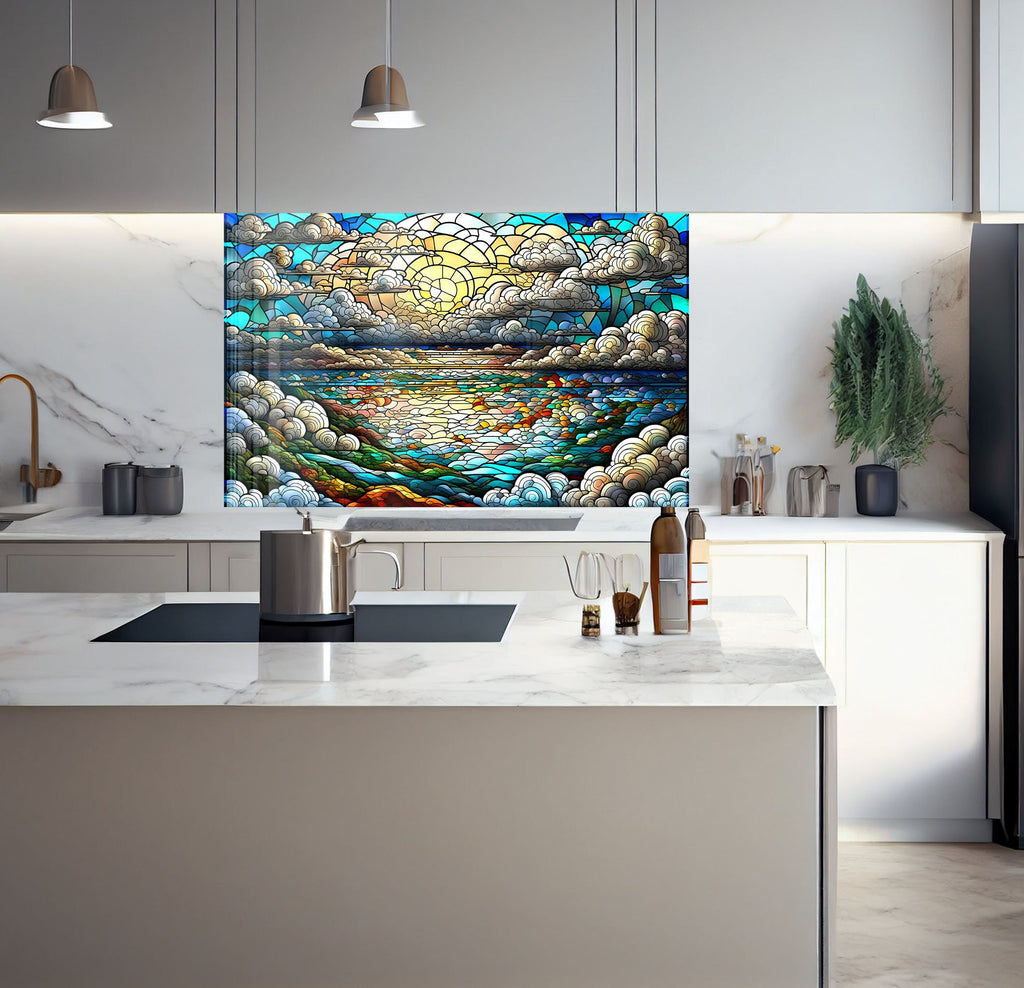 a kitchen with a large painting on the wall