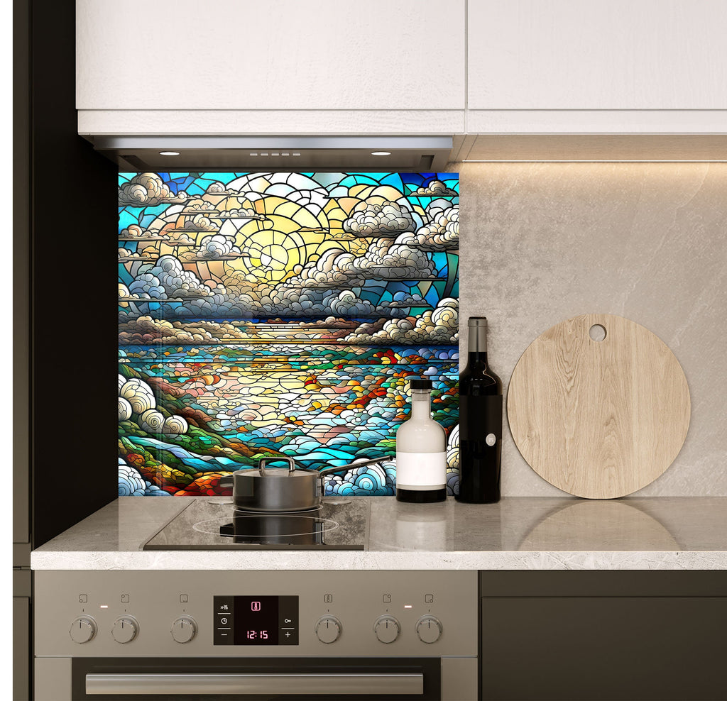 a stove top oven sitting under a stained glass window