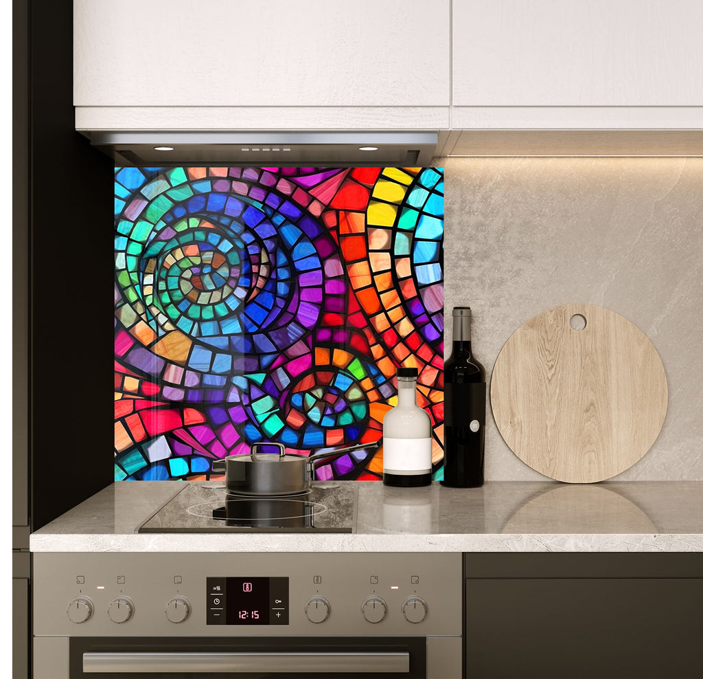 a kitchen with a stove top oven and a colorful mosaic tile backsplash