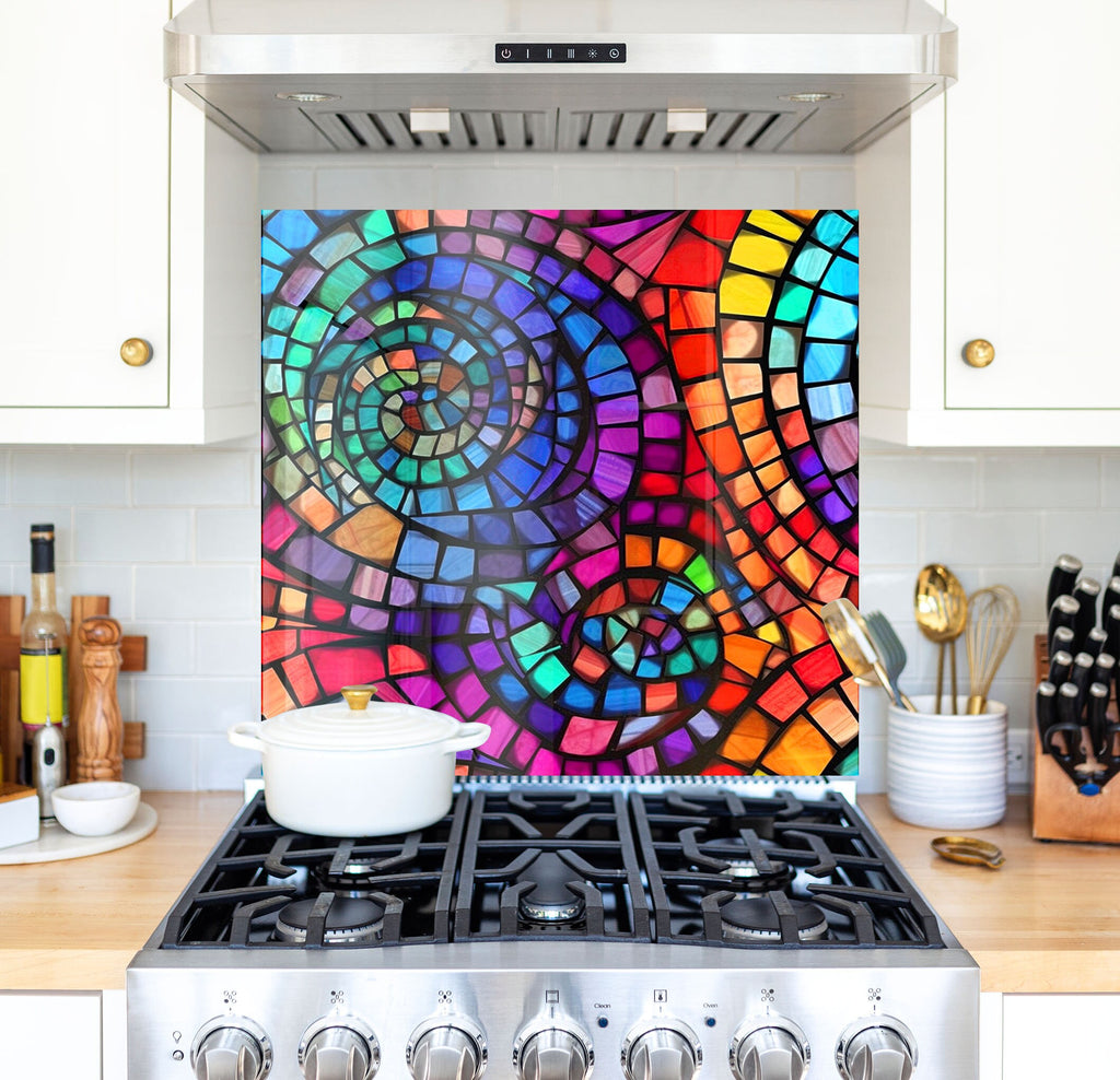 a kitchen with a stove top and a painting on the wall