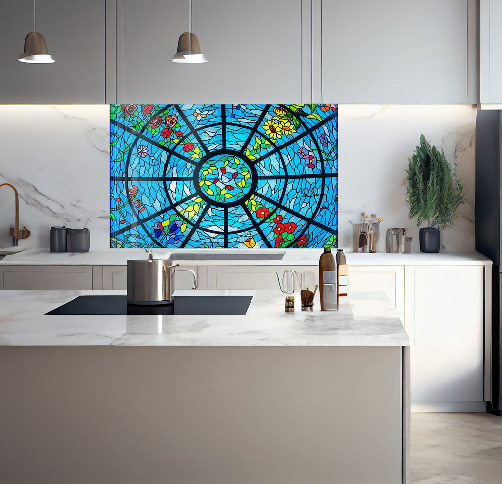 a kitchen with a large stained glass window