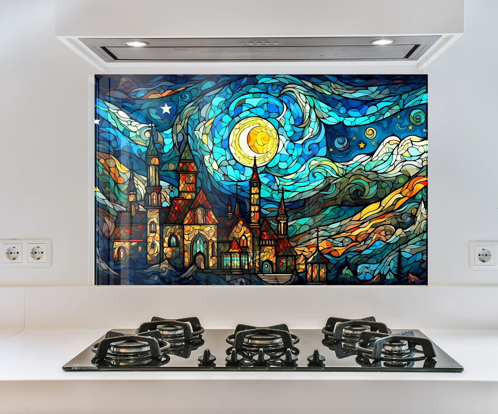 a picture of a painting on a wall above a stove