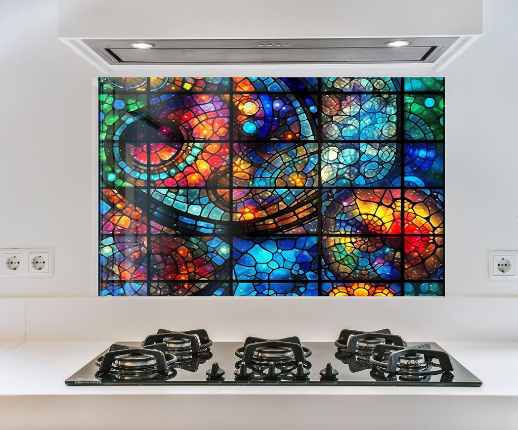 a picture of a multicolored glass window in a kitchen