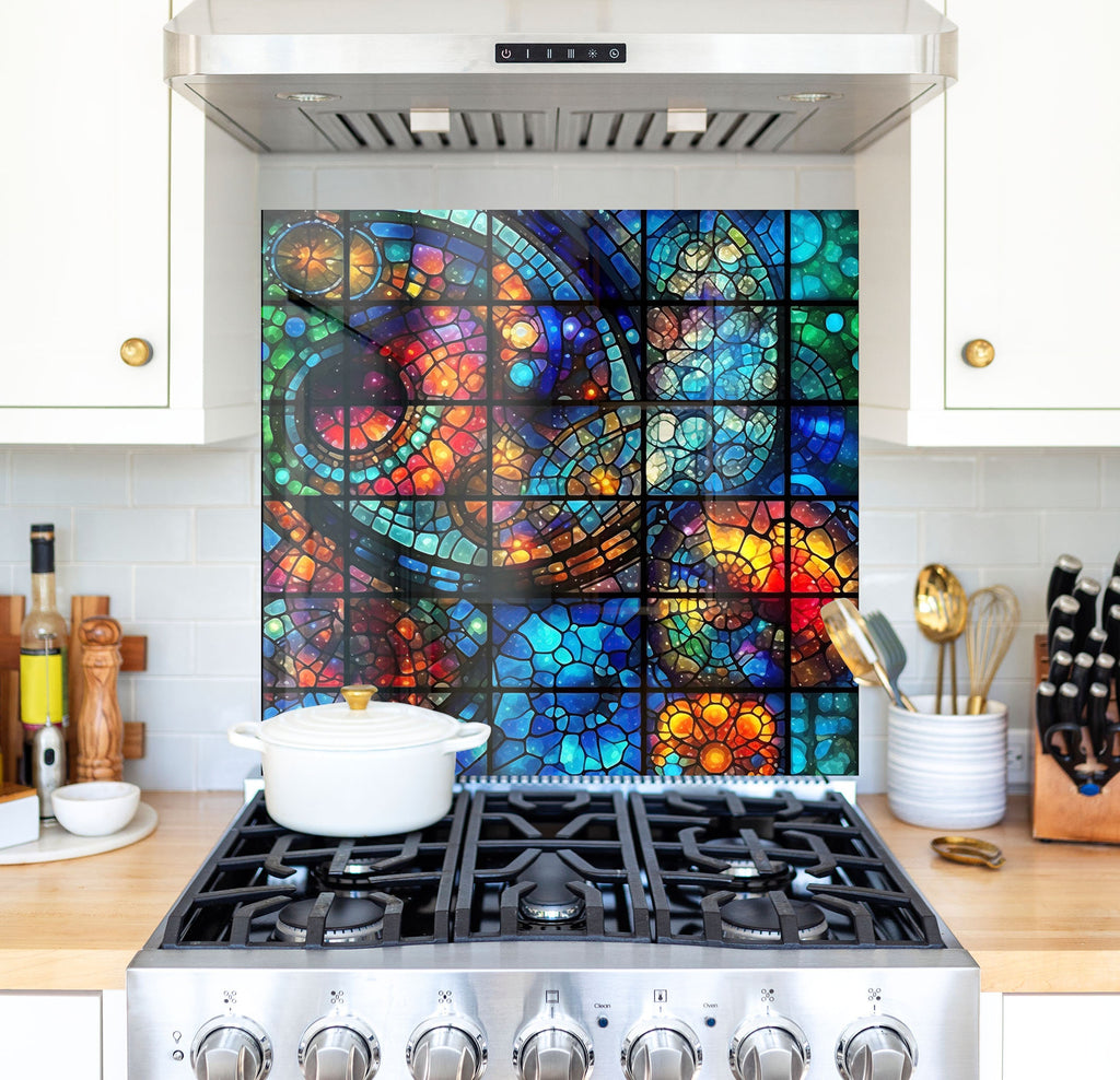 a stove top oven sitting under a stained glass window