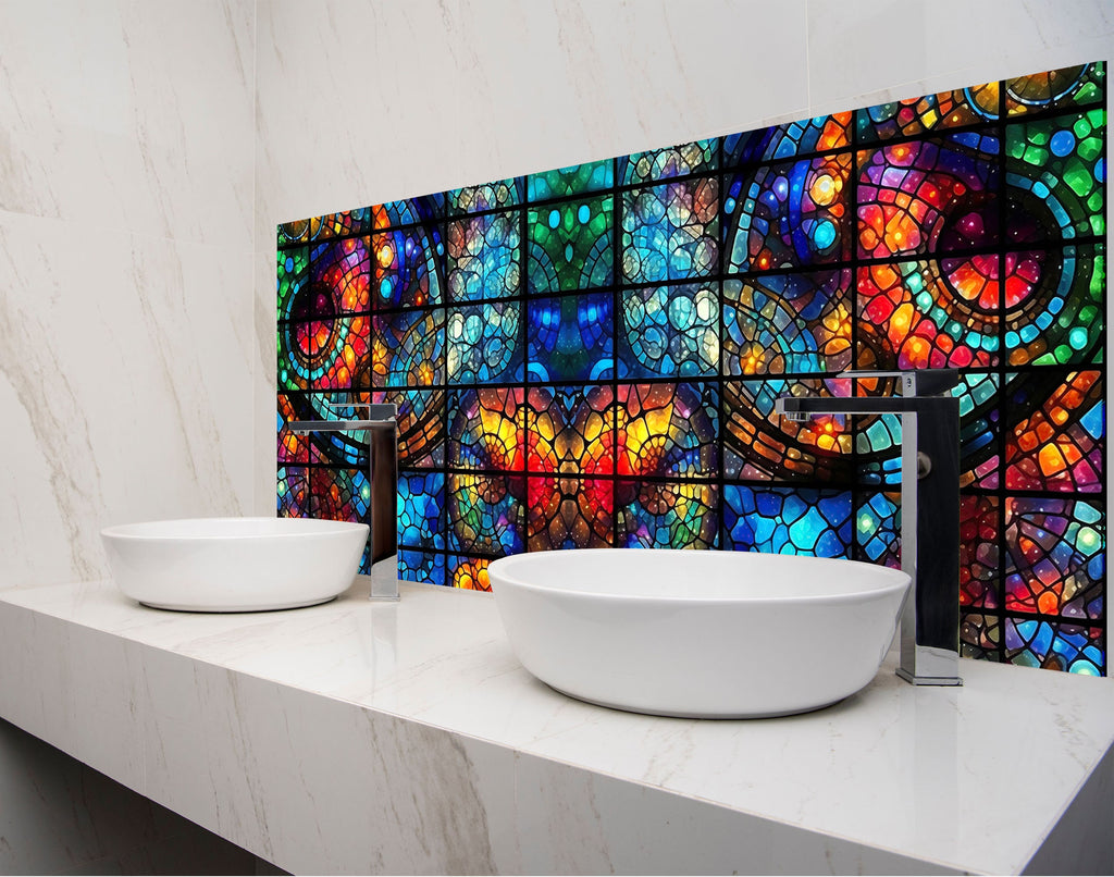 a bathroom with two sinks and a stained glass wall