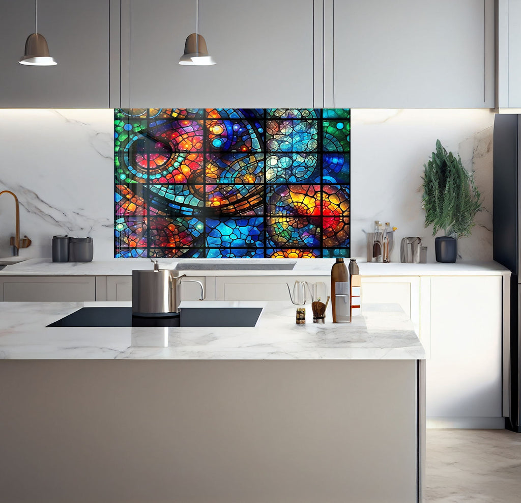 a kitchen with a large painting on the wall