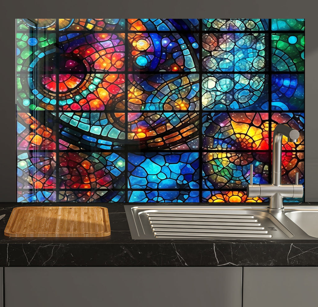 a kitchen counter with a sink and a large stained glass window