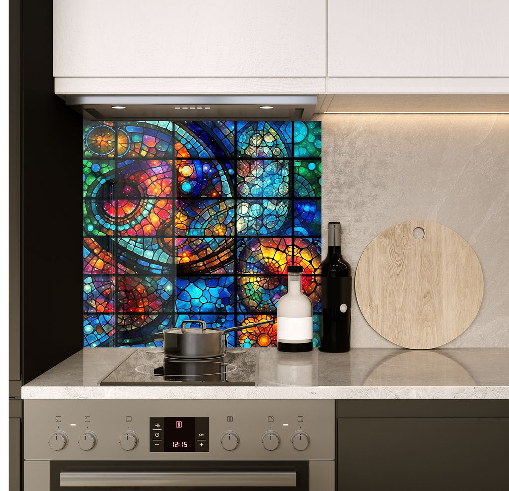 a kitchen counter with a cutting board and a bottle of wine