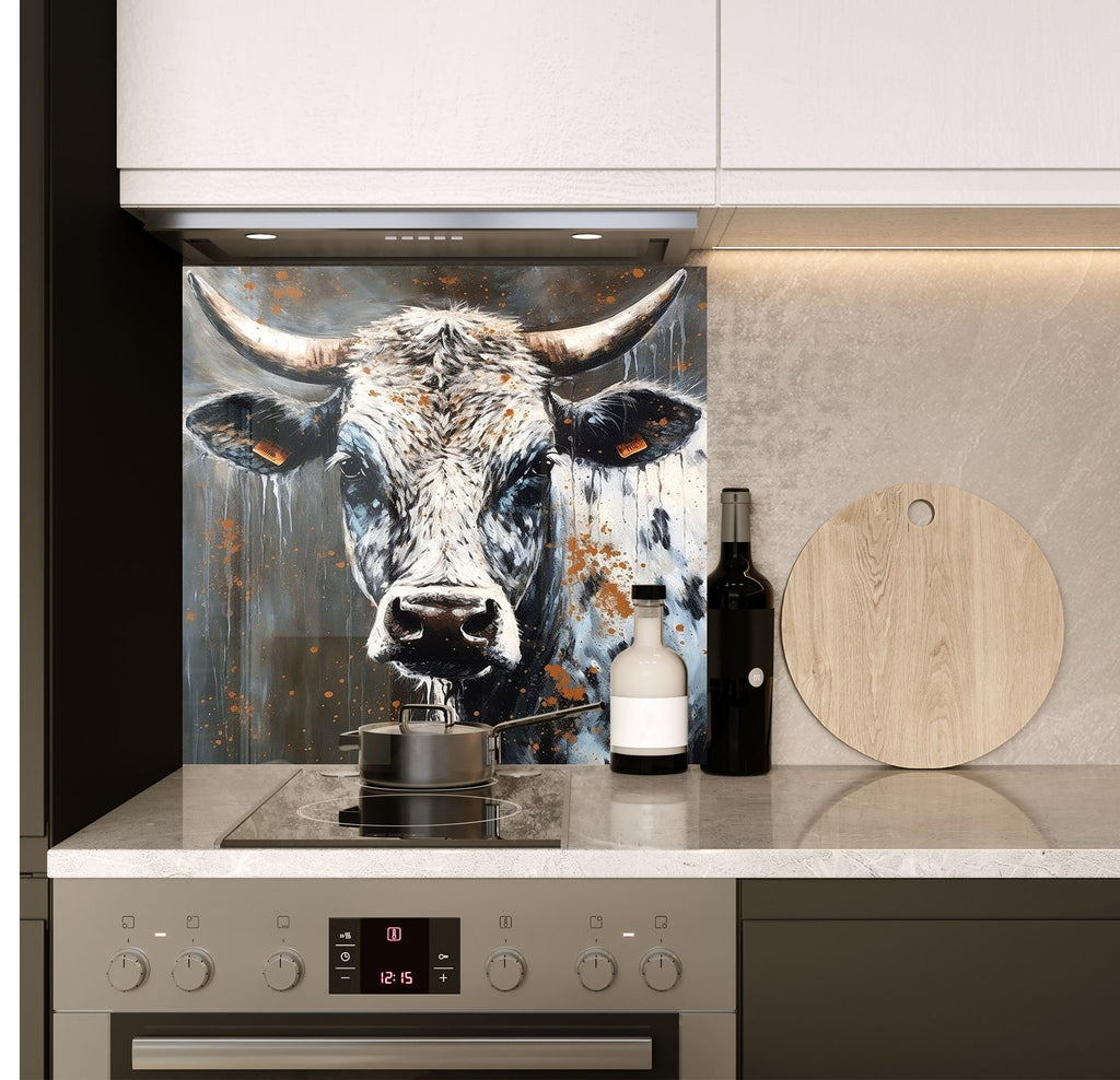 a painting of a cow is on the wall of a kitchen